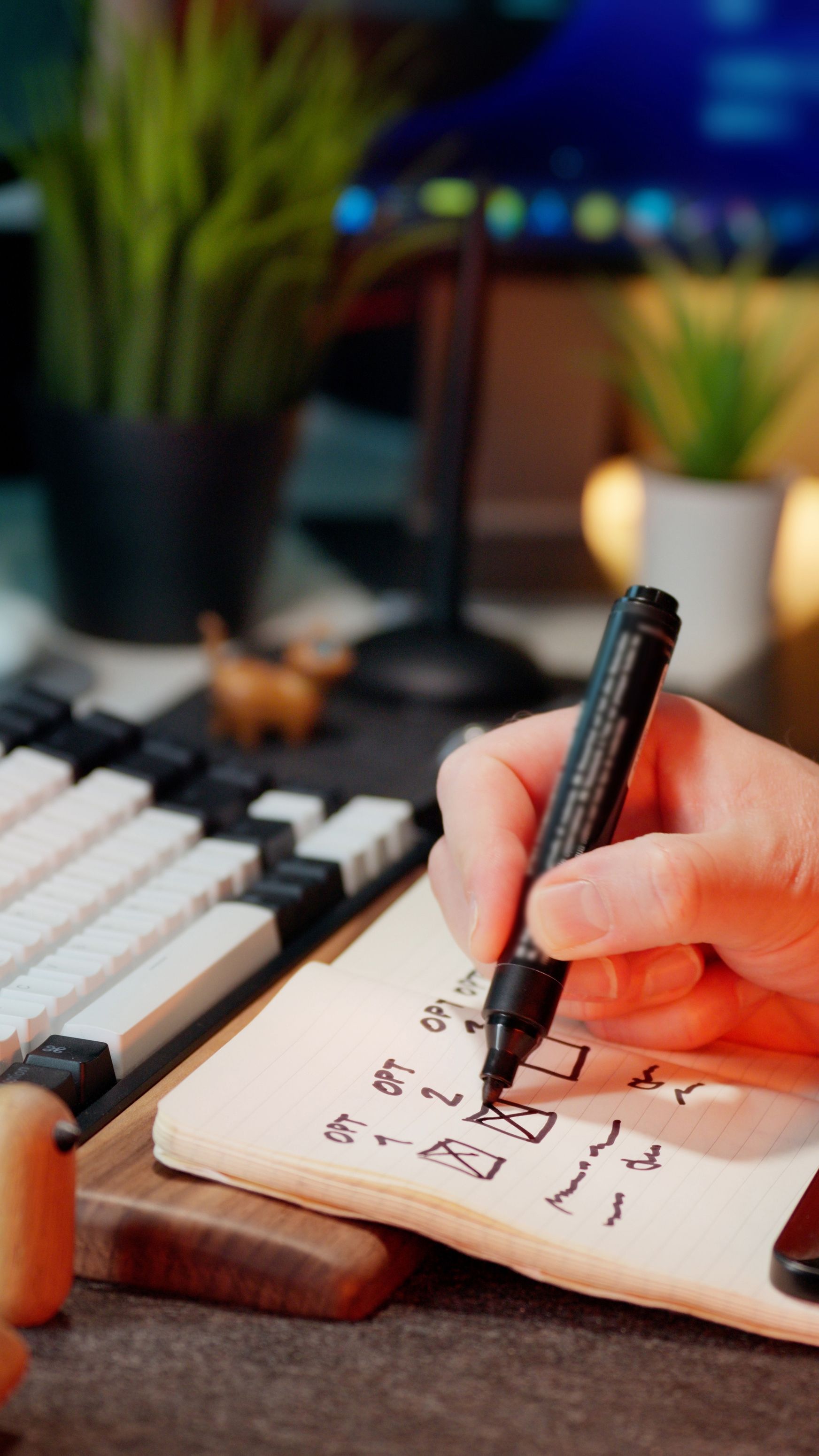 Hand marking a checklist in a notebook beside a laptop